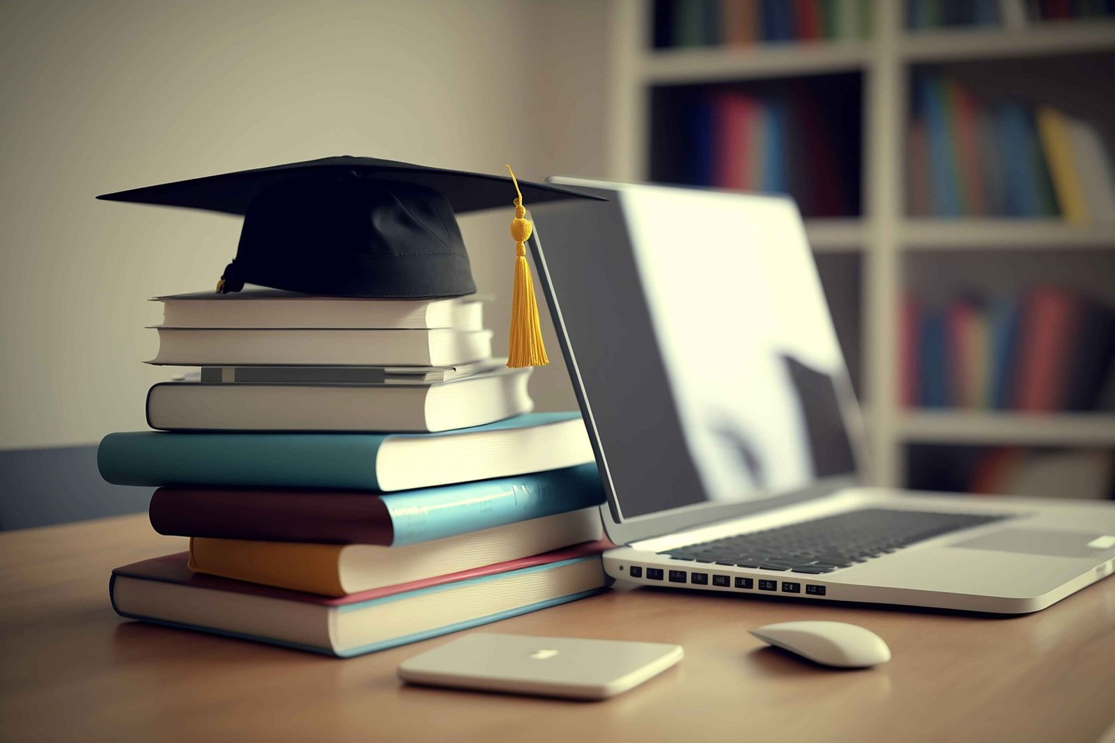 Graduation cap stack books laptop smartphone desk generative